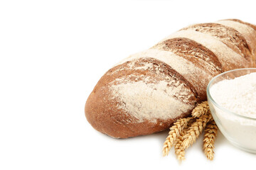Wheat flour and bread isolated on white background