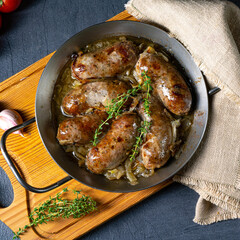 Homemade white sausage fried with onion and herbs