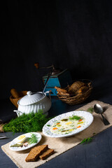 Dill soup with potato, fresh dill and egg