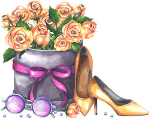 Box with beige roses with shoes and sunglasses