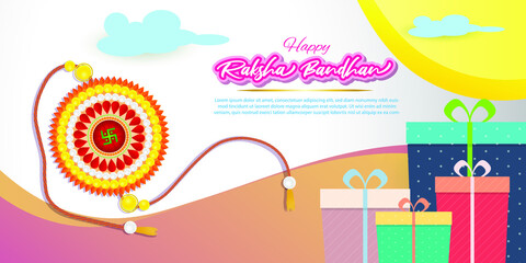 Indian festival offer banner /greeting background concept for raksha bandhan with brother sister, sacred love band on beautiful geometrical backdrop