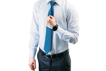 A guy in a shirt with a tie on a white background shows a hand with a smart watch. Business man. Isolate.