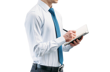 The guy writes in a black notebook. A man on a white background with a blue tie in a white shirt. Note in the notebook..