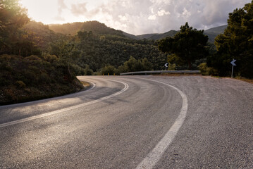 Cinematic road landscape. Lesbos Island, Greece. Misty road