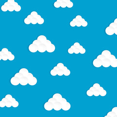 Fototapeta premium White cartoon clouds set isolated on blue background. Collection of different clouds for web site, background template, wallpaper and sky design. Creative modern concept. Clouds vector illustration