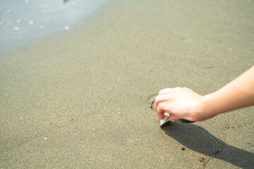 砂浜と手