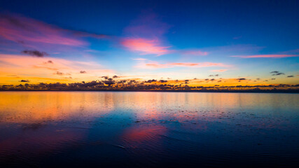 Fototapeta na wymiar ヤップ島の浜辺の夕暮れ。ミクロネシア連邦共和国。ドローン空撮