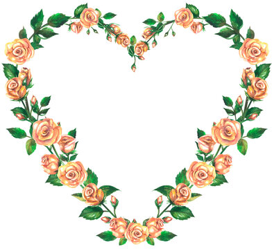 Watercolor heart beige roses frame