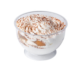 Mousse dessert in takeaway plastic cup isolated on white