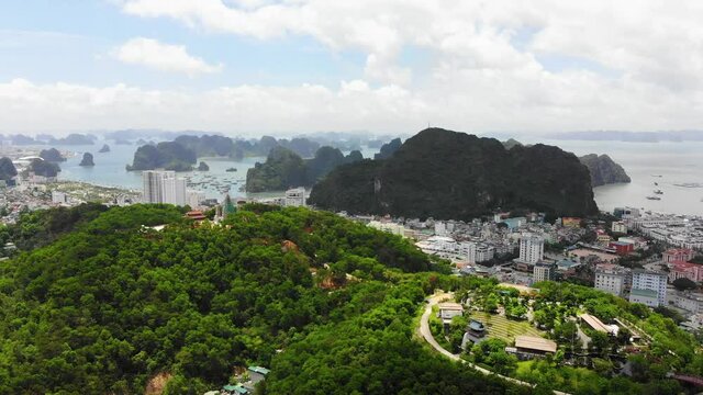  High quality royalty free stock footage, Aerial view of Sun World Halong park, with Koi bridge at  Halong City, Vietnam. 