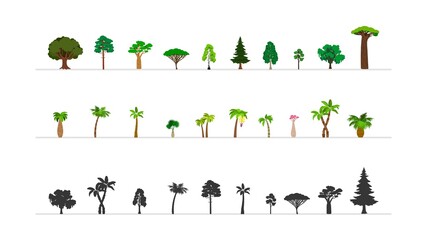 Green forest tree icons. Exotic bushes palms, different woods silhouettes. Botanical symbols vector set