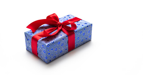 Blue gift box with red ribbons isolated on white background