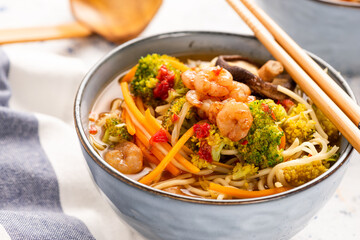 Bowl with Noodles, Prawns and Vegetables. Healthy Diet Soup in Bowl