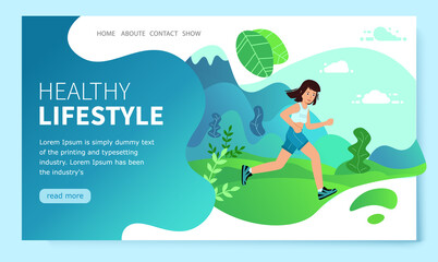 Obraz na płótnie Canvas Woman running marathon. landing page. Running fast with forest, nature background. cartoon character. Vector illustration in modern flat style.
