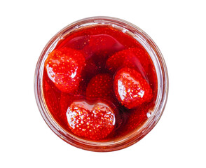 Strawberry jam in a glass jar on a white background