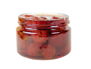 Strawberry jam in a glass jar on a white background
