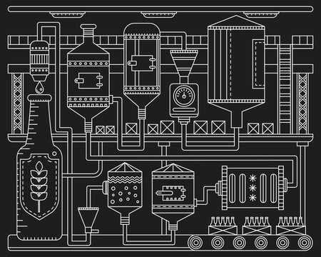 Beer Brewery production conveyor process. Line factory beer black background. Outline vintage stroke linear style vector illustration banner. October festival.