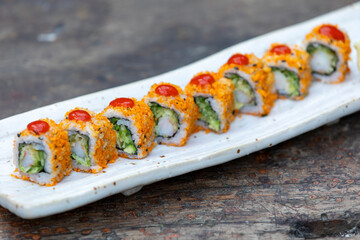 Sushi plate on the table.