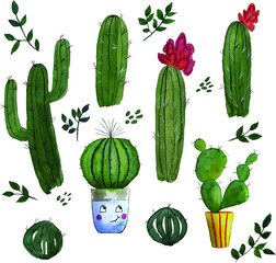 Watercolor cactus set. Vector illustration.
