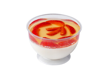 Mousse dessert in takeaway plastic cup isolated on white
