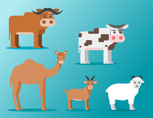 Qurban or Sacrificial Livestock Animal for Eid al-Adha Islam Holiday Celebration & Charity. Cattle or Cow, Buffalo, Sheep, Goat and Camel. Can be Used for Web, Mobile, Infographic and Print.