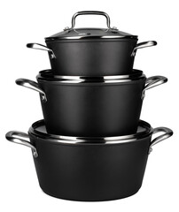 New set of black saucepans isolated on white