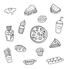 Hand drawn doodle fast food icons.