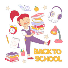 Fototapeta premium Girl carries stack of books. Female character holding pile of book. The concept of training, education, literary festival. school supplies. Back to school concept