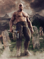 Fantasy cyclops with one eye standing with an axe among the circle of stones. 3D render. - 361526391