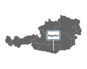 Landkarte von Österreich mit Ortsschild von Klagenfurt