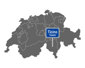 Landkarte der Schweiz mit Ortsschild von Ticino