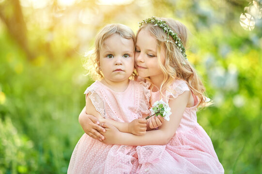 Two beautiful little girls in pink dresses in the park at sunset. Children have a rest outdoors