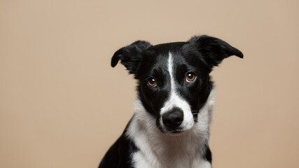 isolated black and white border collie close up head shot portrait in the studio on a beige light...