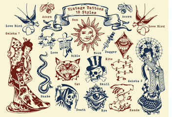 Naklejka premium Set of Vintage Tattoo Labels and Elements