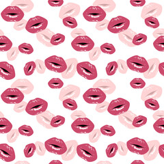 Pink lips prints with gloss. Vector seamless background.