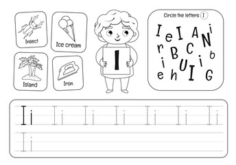 Kids learning material. Worksheet for learning alphabet. Letter I. Black and white.
