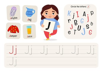 Kids learning material. Worksheet for learning alphabet. Letter J.