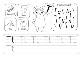 Kids learning material. Worksheet for learning alphabet. Letter T. Black and white.