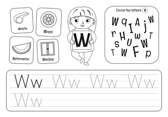 Kids learning material. Worksheet for learning alphabet. Letter W. Black and white.