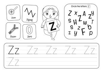 Kids learning material. Worksheet for learning alphabet. Letter Z. Black and white.