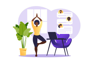 Concept freelancer african woman practicing yoga and meditation on home. The girl sits in the lotus position, the thought process, the inception and the search for ideas. Time management. Vector.