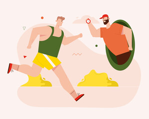 Athlete trains running with trainer, teleport, online services