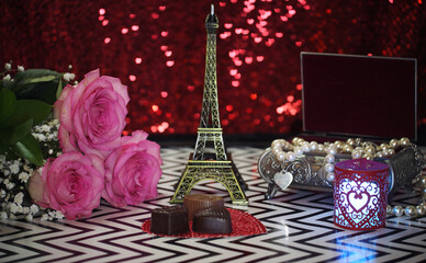Pink Rose With Eiffel Tower and Candy