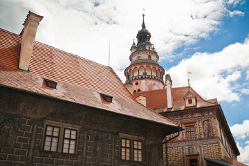 Fototapeta na wymiar Detail of Cesky Krumlov castle tower bottom up