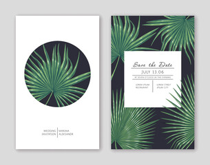 Save the date template with realistic tropical leaves of banana palm flowers. Ideal for greeting cards, posts in social networks, discount banners in online, offline stores, cosmetics label