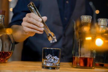 Bartender Serve Whiskey, on wood bar,