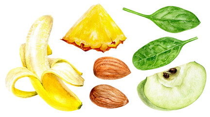 Green apple banana pineapple spinach almonds nut watercolor illustration isolated on white background