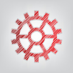 Gear sign. Red gradient scribble Icon with artistic contour gray String on light gray Background. Illustration.