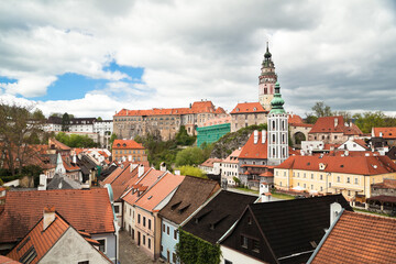 Fototapeta na wymiar View of Cesky Krumlov and its castle from above during coronavirus