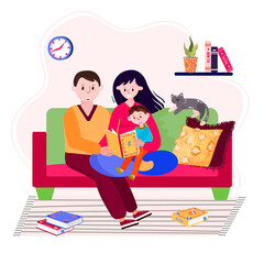 Family stay home and read book or fairytale son. Mother and Father is sitting on sofa with boy and reading. Parents and kid spend time together. Couple parenting child.